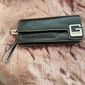 Vintage Guess Black Wristlet with Silver Detailing Minimalist 90s